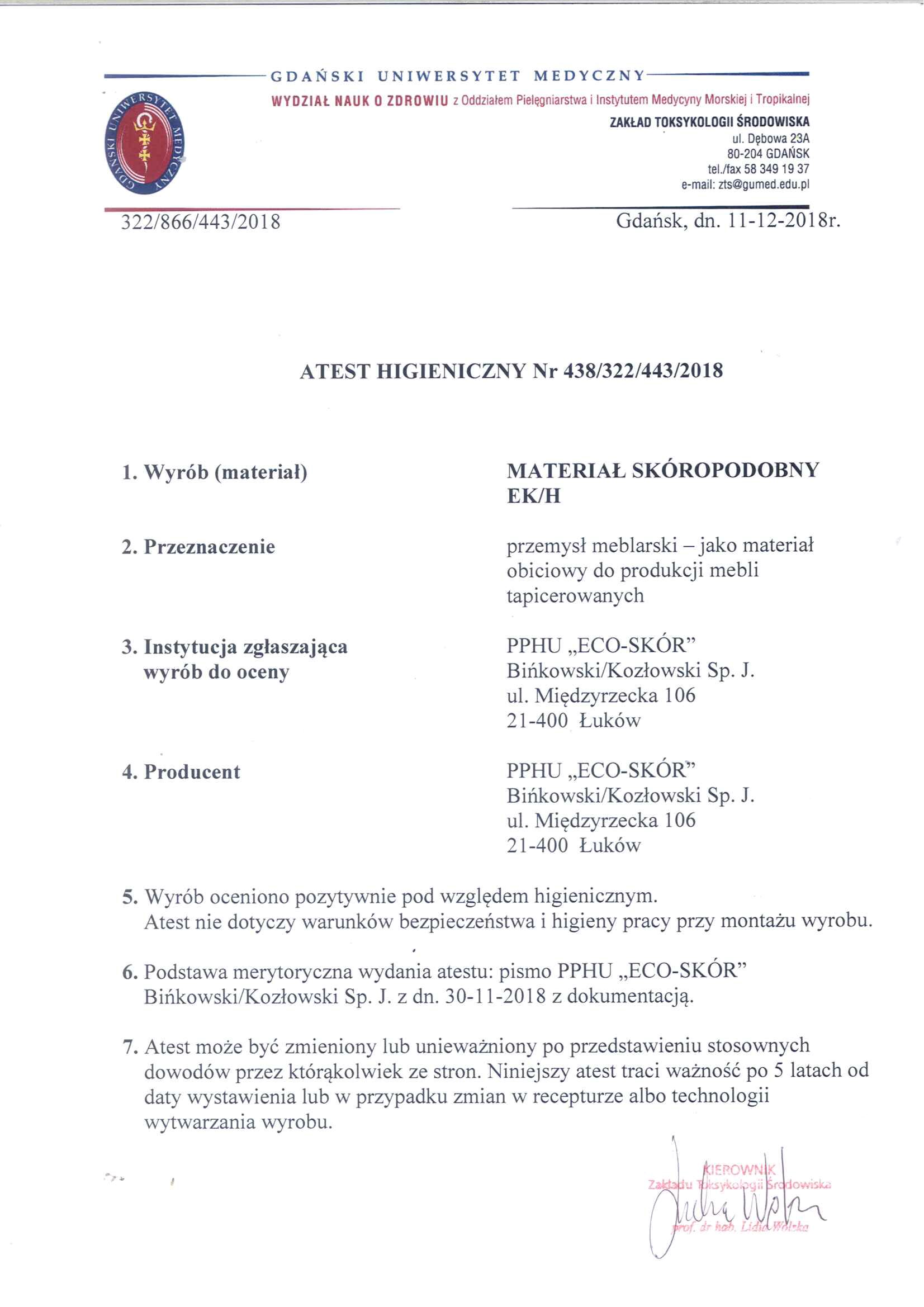 Atest higieniczny (skóra ekologiczna ECO-PCV, skóra ekologiczna ECO-PU,skóra ekologiczna ECO-PU-SOFT )